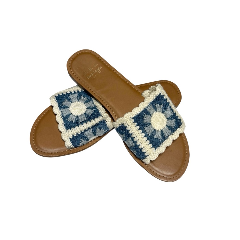 Boho Slides Blue and Light Cream Embroidered Crochet Sandals